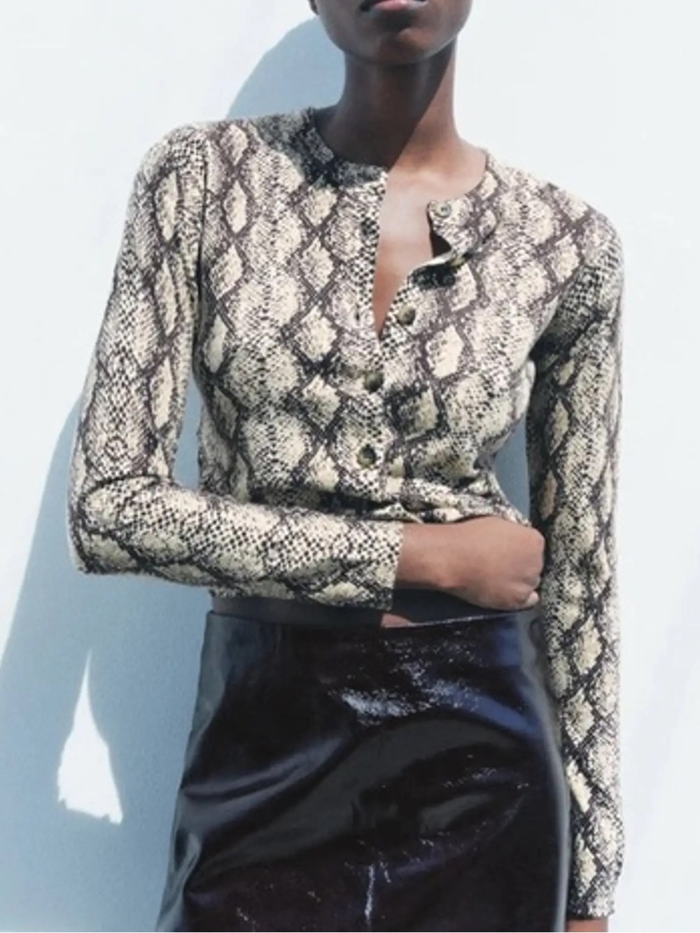 Zara Snake-Print Button Down Cardigan in Beige and Black Snakeprint